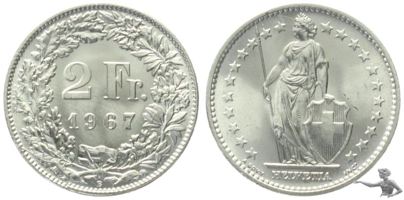 1967 Schweiz 2 Franken Stempelriss durch den Kranz der Wertseite